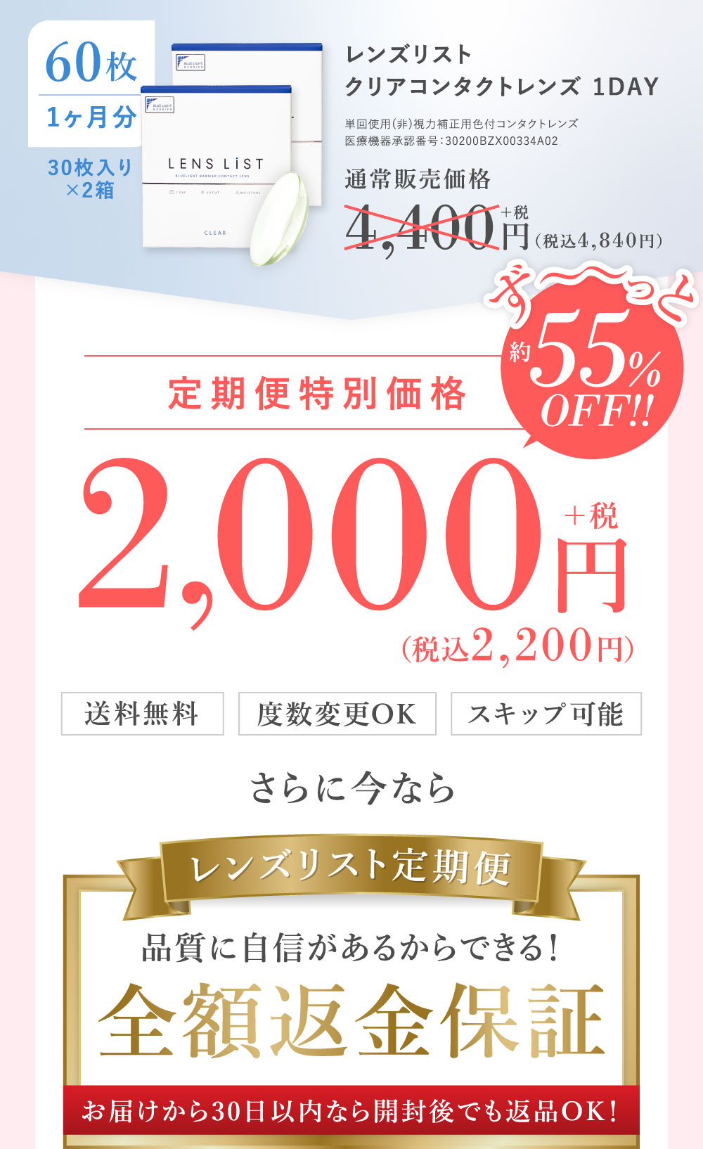 60枚30枚入り×2箱 レンズリストクリアコンタクトレンズ 1DAY