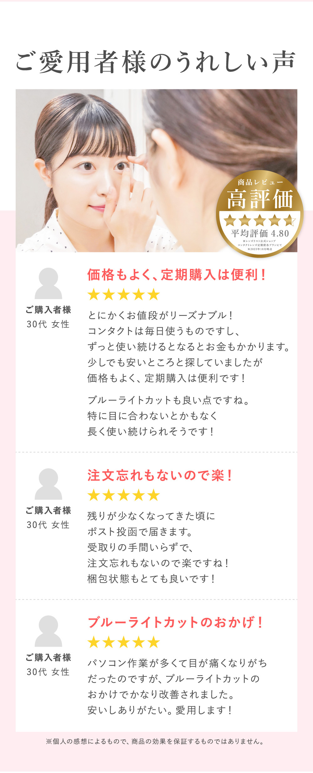 ご愛用者様のうれしい声 ※レンズリスト公式ショップ コンタクトレンズ定期便各プランにて ※2023年10月時点 平均評価4.80商品レビュー高評価