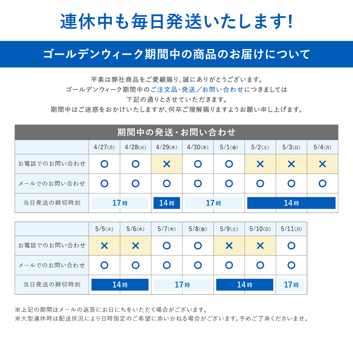 ゴールデンウイーク期間中の商品のお届けについて