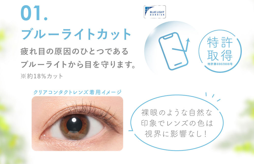 01.ブルーライトカット 疲れ目の原因のひとつであるブルーライトから目を守ります。 特許取得 クリアコンタクトレンズ着用イメージ 裸眼のような自然な印象でレンズの色は視界に影響なし！ 