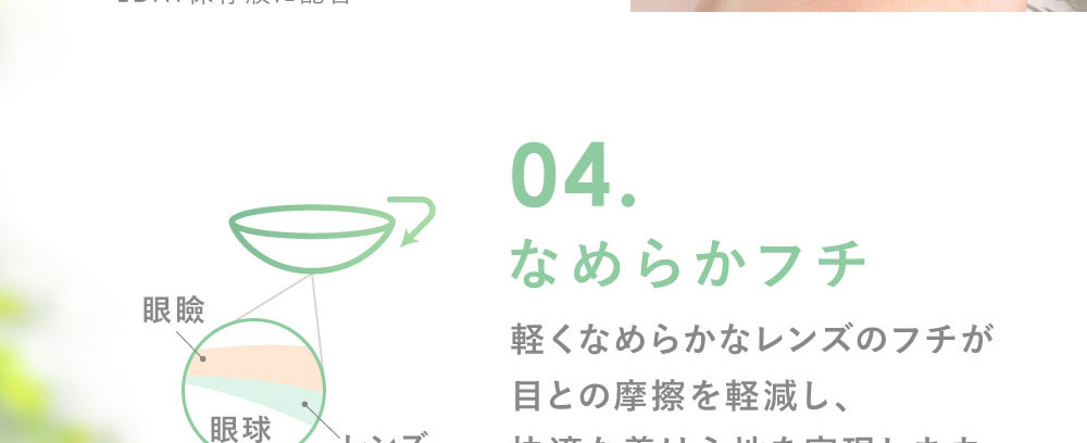 04.なめらかフチ 軽くなめらかなレンズのフチが目との摩擦を軽減し、快適な着け心地を実現します。