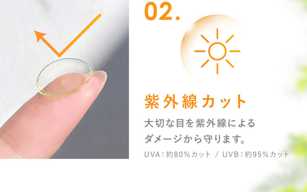 02.紫外線カット 大切な目を紫外線によるダメージから守ります。(UVA：約80％カット / UVB：約95％カット)