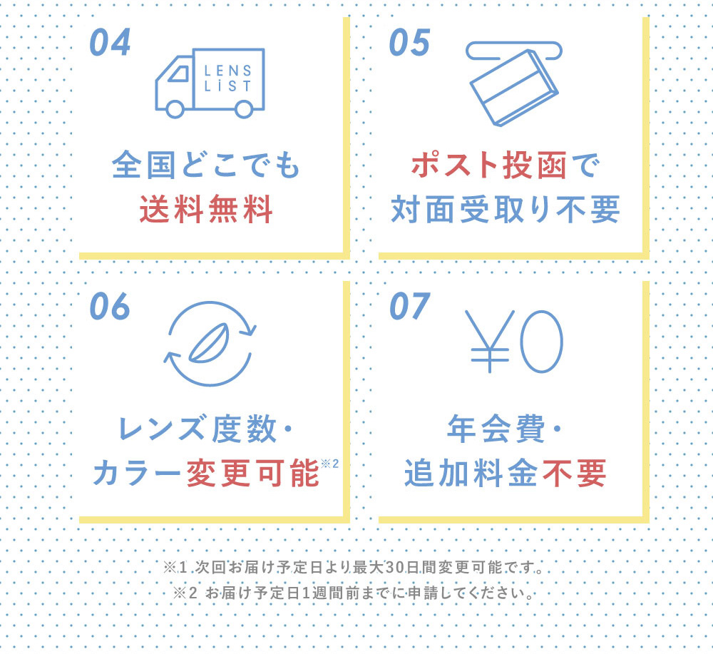 04全国どこでも送料無料 05ポスト投函で対面受取り不要 06レンズ度数・カラー変更可能年07会費・追加料金不要