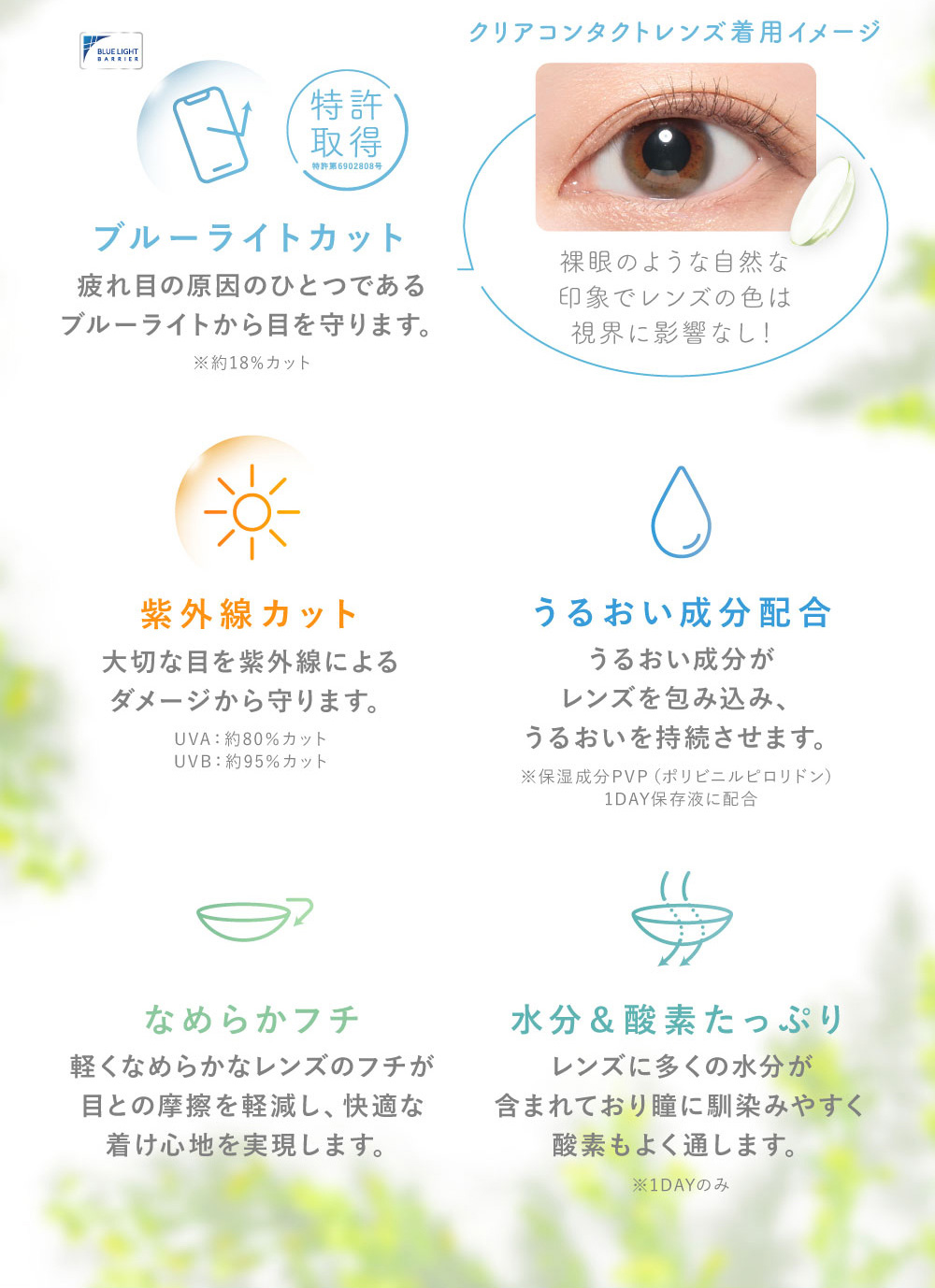クリアコンタクトレンズ着用イメージ 裸眼のような自然な印象でレンズの色は視界に影響なし！ ブルーライトカット 疲れ目の原因のひとつである ブルーライトから目を守ります。 クリアコンタクトレンズ着用イメージ 裸眼のような自然な印象でレンズの色は 視界に影響なし！ 紫外線カット 大切な目を紫外線による ダメージから守ります。 うるおい成分配合 うるおい成分がレンズを包み込み、うるおいを持続させます。 なめらかフチ軽くなめらかなレンズのフチが目との摩擦を軽減し、快適な着け心地を実現します。水分＆酸素たっぷり レンズに多くの水分が含まれており瞳に馴染みやすく酸素もよく通します。 