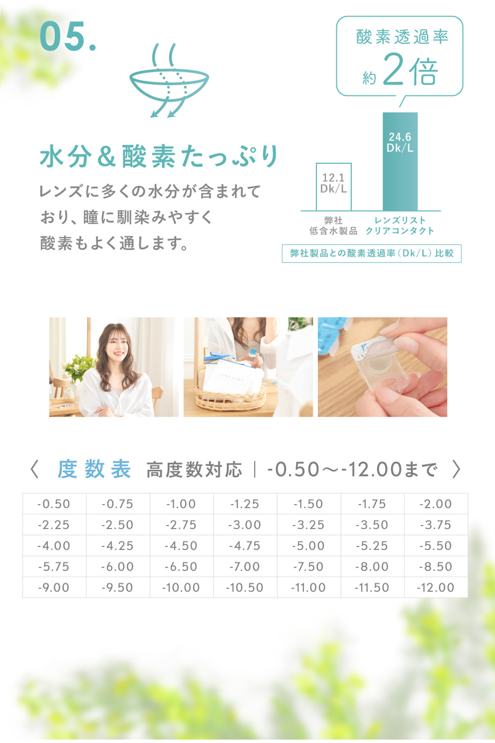 05.水分＆酸素たっぷり レンズに多くの水分が含まれており、瞳に馴染みやすく酸素もよく通します。