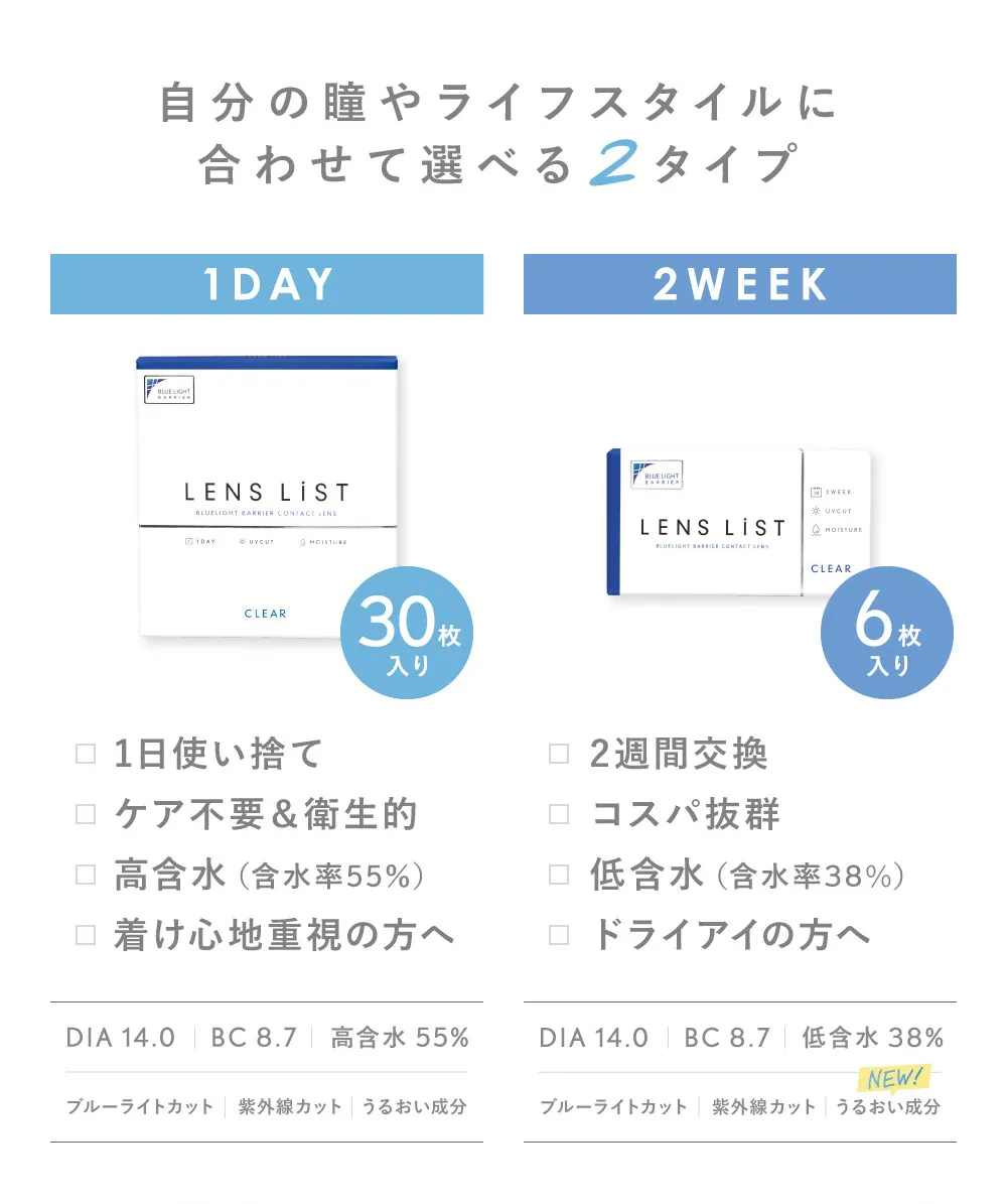 自分の瞳やライフスタイルに合わせて選べる2タイプ
