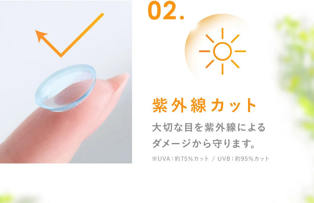 02.紫外線カット 大切な目を紫外線によるダメージから守ります。(UVA：約80％カット / UVB：約95％カット)