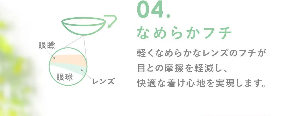 04.なめらかフチ 軽くなめらかなレンズのフチが目との摩擦を軽減し、快適な着け心地を実現します。