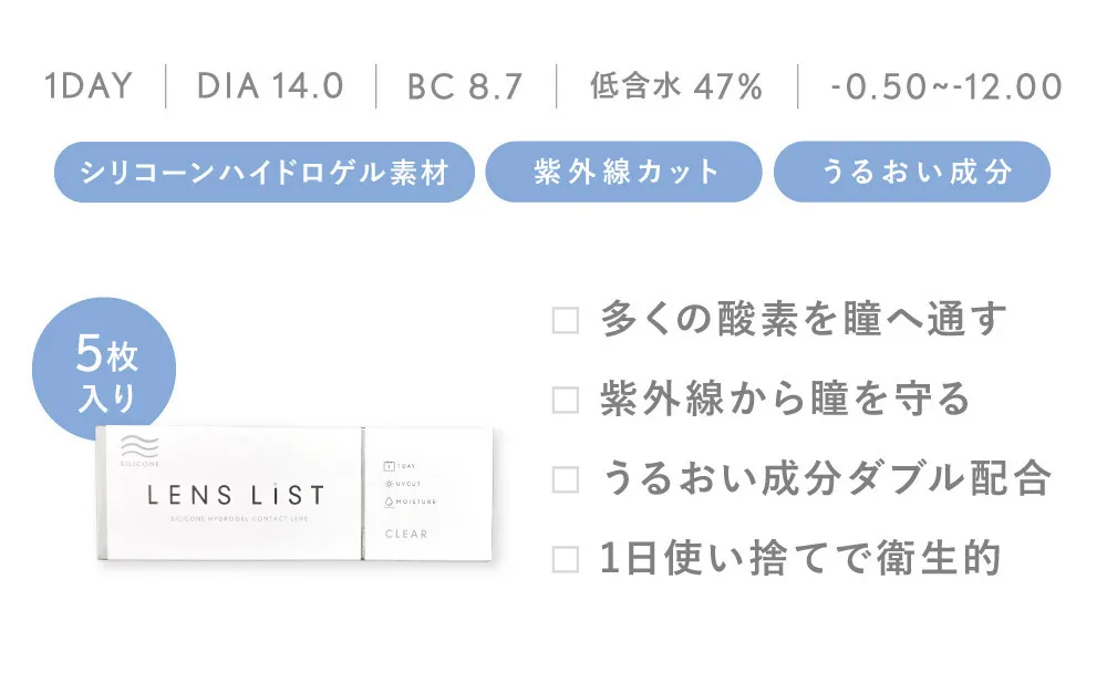 【お試し用】 LENS LiST シリコーン 1day 5枚入り