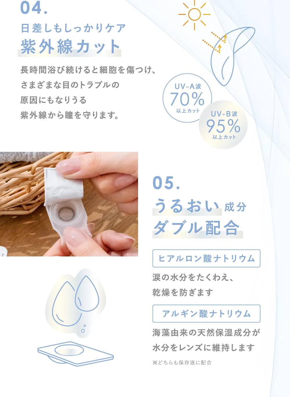 04.日差しもしっかりケア 紫外線カット 05.うるおい成分 ダブル配合