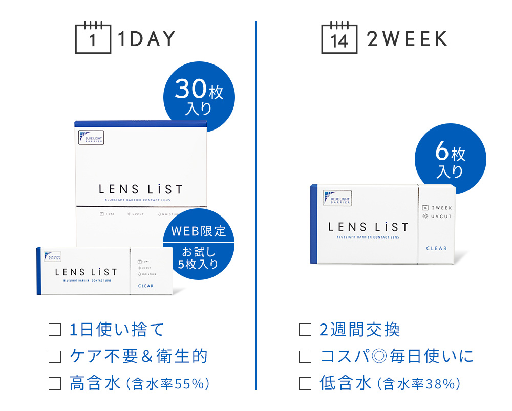 1DAY 30枚入り WEB限定お試し5枚入り / 2WEEK 6枚入り