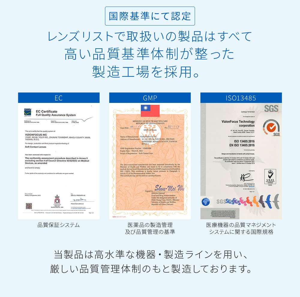 国際基準にて認定 レンズリストで取扱いの製品はすべて高い品質基準体制が整った製造工場を採用。