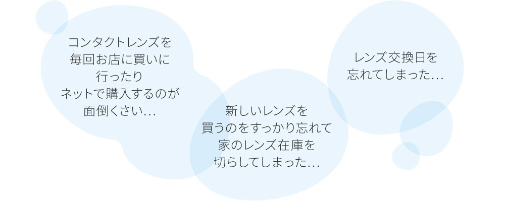 コンタクトレンズを毎回お店に買いに行ったり ネットで購入するのが面倒くさい… 新しいレンズを買うのをすっかり忘れて 家のレンズ在庫を切らしてしまった… レンズ交換日を忘れてしまった…