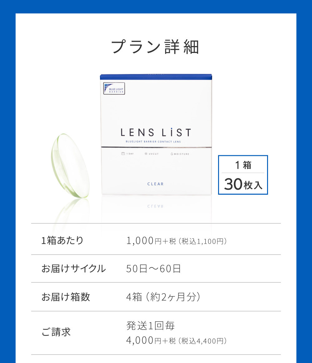 プラン詳細 1箱あたり1,000円＋税（税込1,100円）お届けサイクル50日～60日 お届け箱数4箱（約2ヶ月分）ご請求発送1回毎4,000円＋税（税込4,400円）