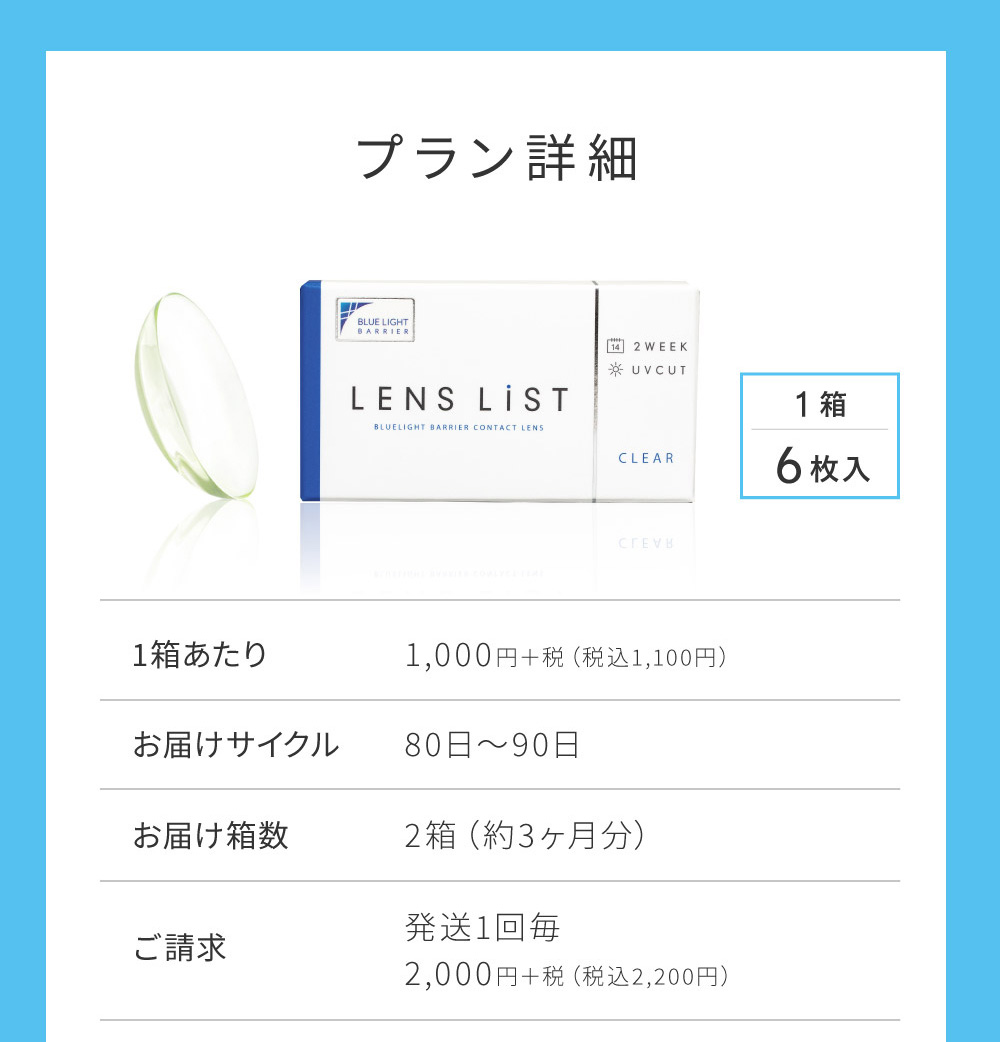 プラン詳細 1箱あたり1,000円＋税（税込1,100円）お届けサイクル80日～90日 お届け箱数2箱（約3ヶ月分）発送1回毎2,000円＋税（税込2,200円）