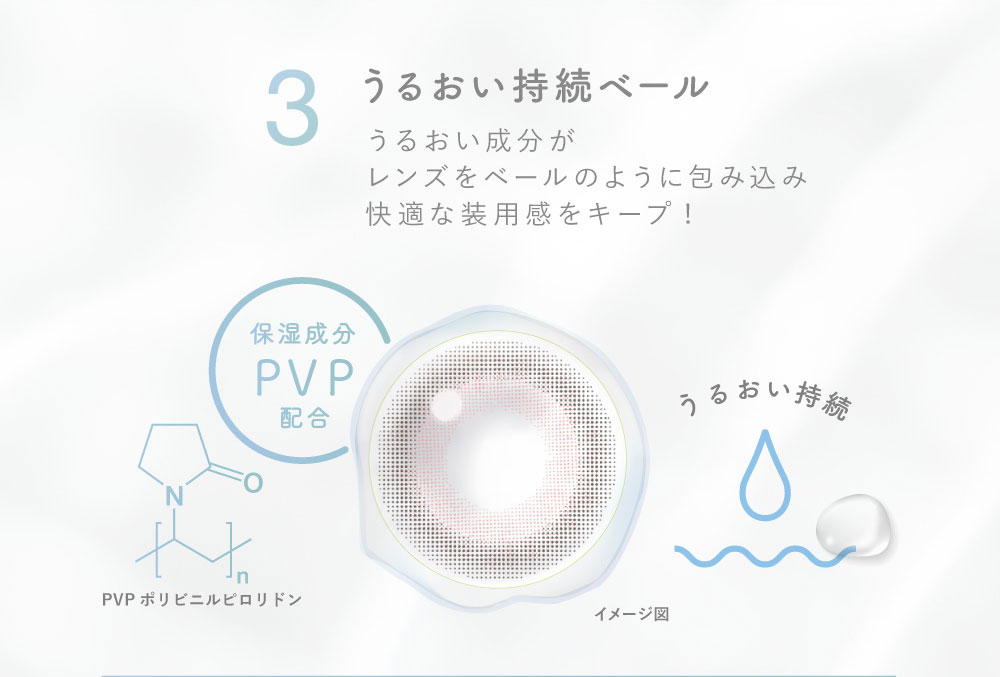 うるおい持続ベールうるおい成分がレンズをベールのように包み込み快適な装用感をキープ! 保湿成分PVP配合 うるおい持続