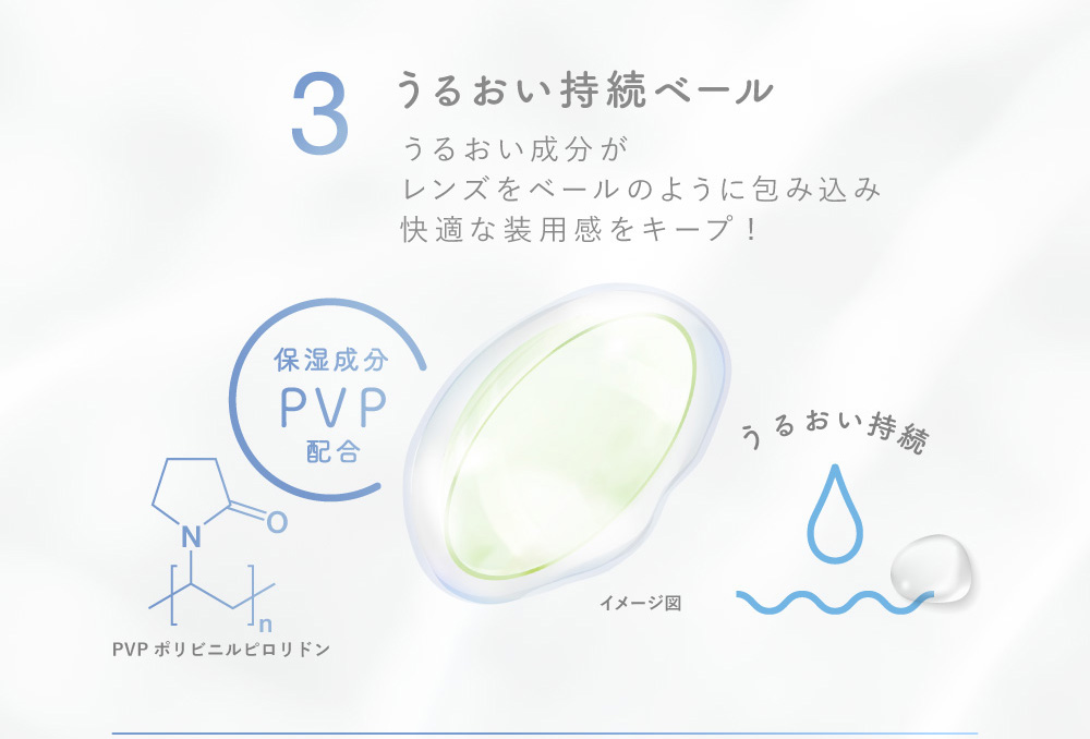 うるおい持続ベールうるおい成分がレンズをベールのように包み込み快適な装用感をキープ! 保湿成分PVP配合 うるおい持続