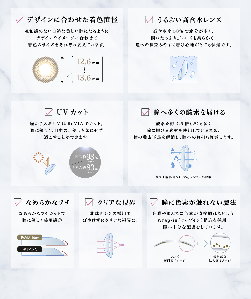 デザインに合わせた着色直径/うるおい高含水レンズ/UVカット/瞳へ多く酸素を届ける/なめらかなフチ/クリアな視界/瞳に酸素が触れない製法