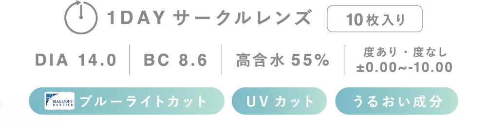 1DAY サークルレンズ 10枚入り ±0.00~-10.00 度あり・度なし 高含水55% BC 8.6 DIA 14.0 うるおい成分 ブルーライトカット