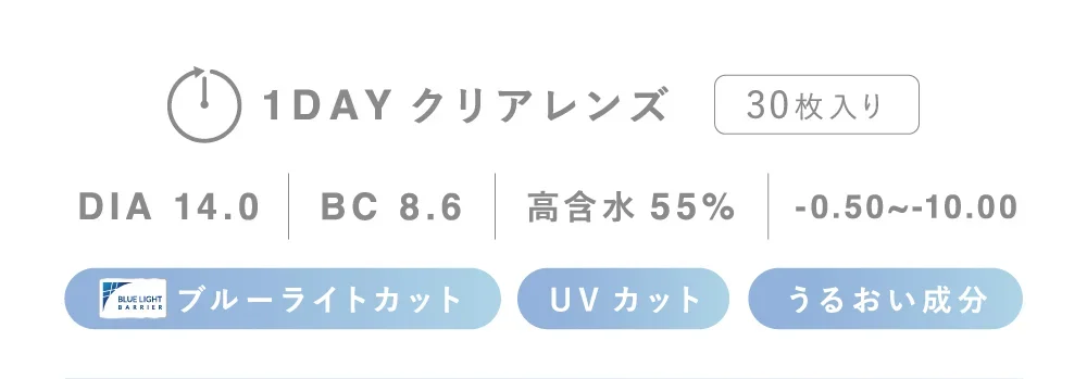 1DAY クリアレンズ 5枚入り30枚入り DIA 14.0 BC 8.6 高含水55% 度あり・度なし±0.00~-10.00 ブルーライトカット UVカット うるおい成分